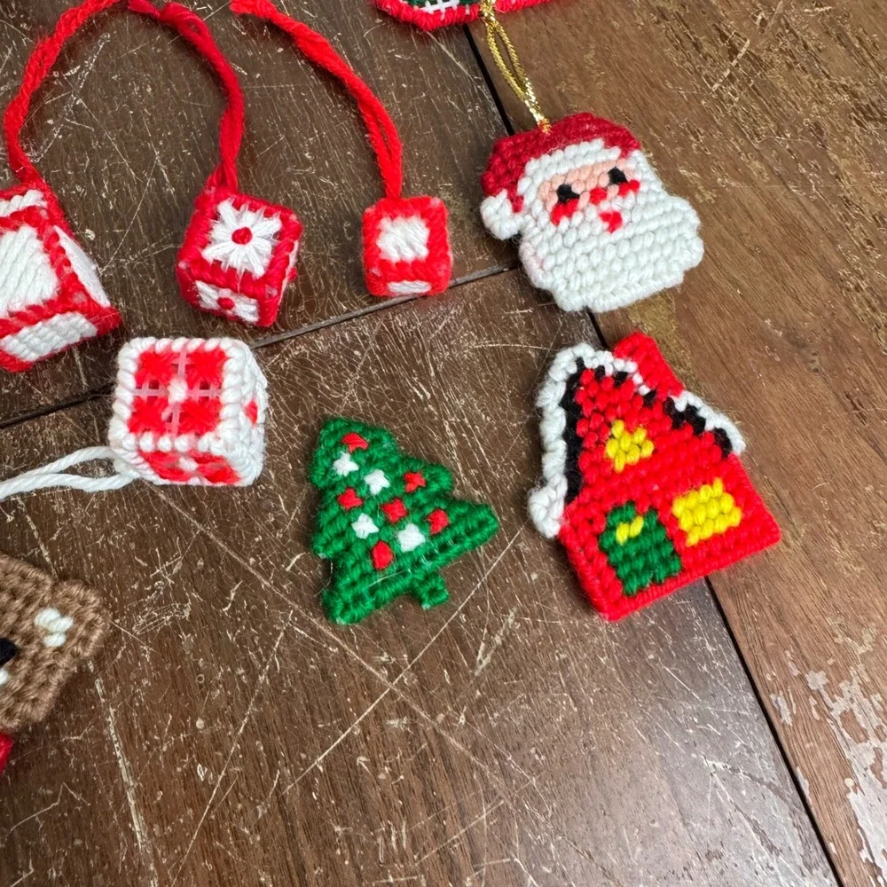 VINTAGE Christmas Granny Square Stocking Poinsettia Candle Various‎ Ornament LOT